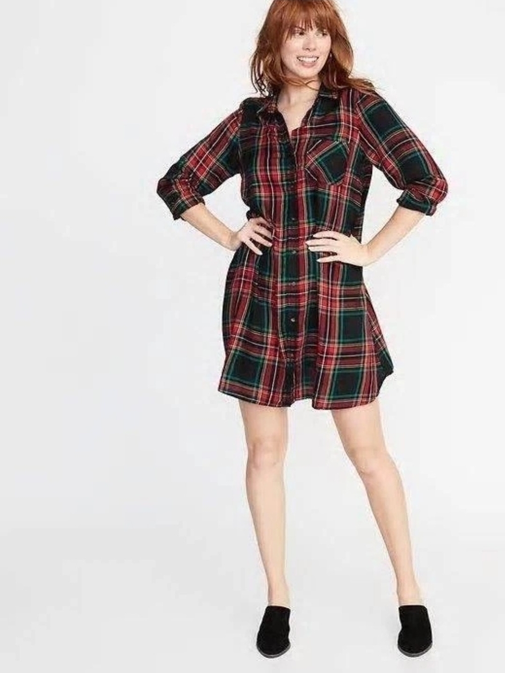 Old Navy Red and Green Plaid Button-Down Shirt Dress